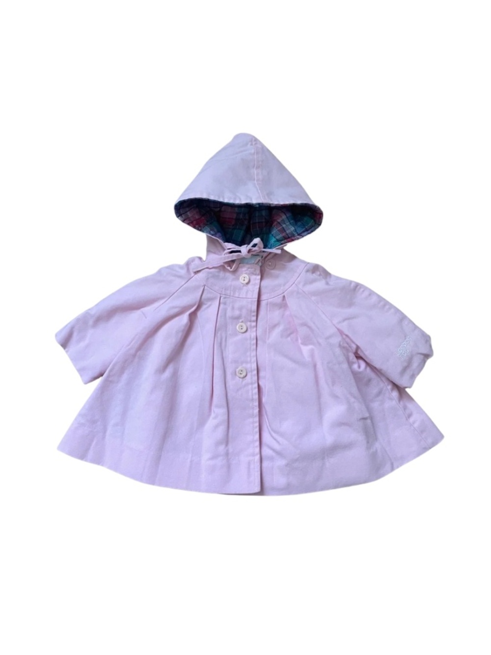 London Fog Pink Hooded Cape with Plaid Lined Hood, 12 months #0075